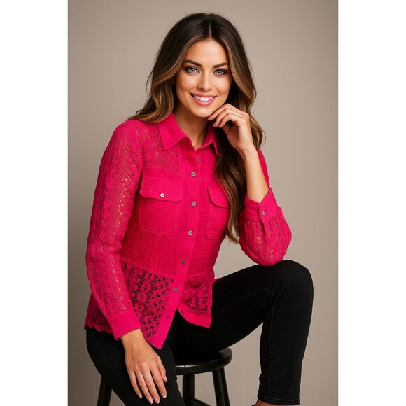 Andree By Unit XL Hot Pink Cotton Lace Shacket Button Front Textured Boho Core - Picture 3 of 12